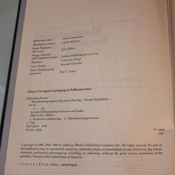 Manufacturing Engineering and Technology by Kalpakjian 1995 Hardcover 3rd Ed - Picture 5 of 10